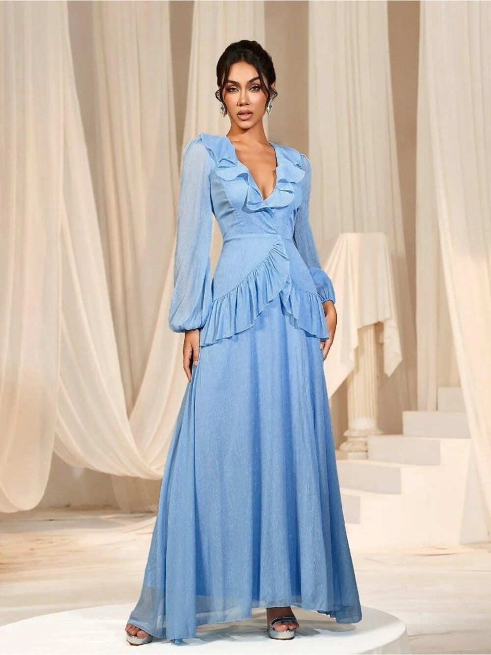 Faeriesty Women’s Blue Ruffle Trim Lantern Long Sleeve Chiffon Dress Size XS